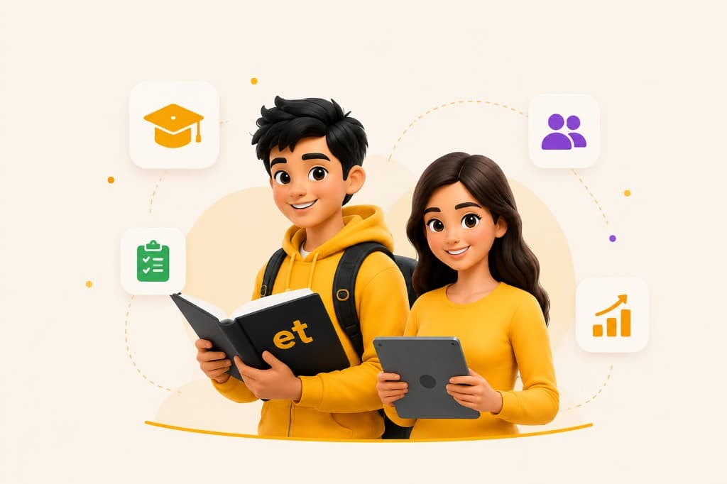 Students learning together with EtDUCATION — books, tablet and connected education